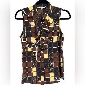 Y2K Trina Turk Women’s 100% Silk Brown Geometric Ruffle Button Tank Top Blouse S